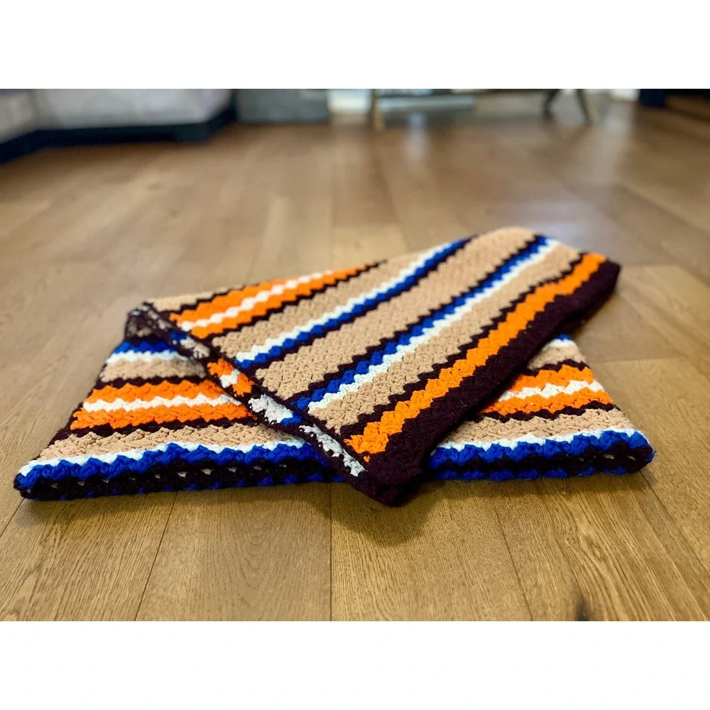 Vintage 70s Crochet Afghan Blanket Throw Orange Blue Tan Stripe Handmade 53x68